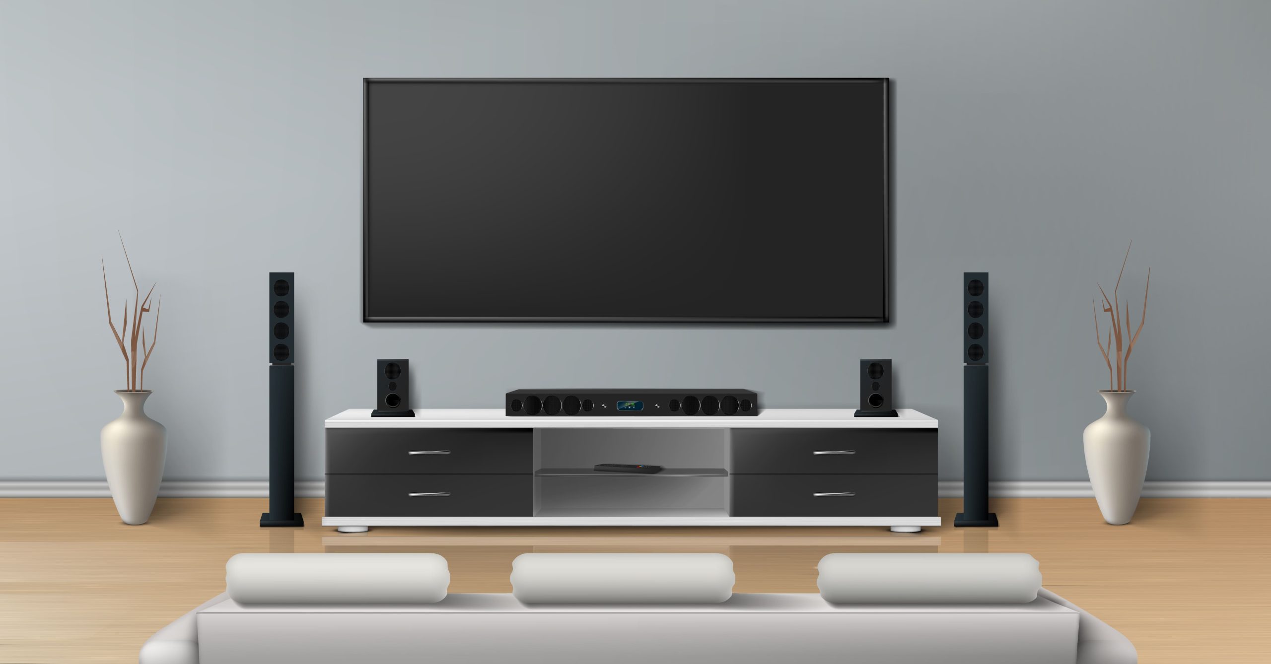 Media room example with wall mounted tv and speakers in living room